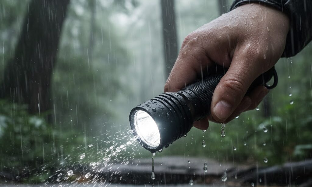 雨の中でも明るく点灯する懐中電灯|防水性と耐衝撃性を重視した防災用品の写真