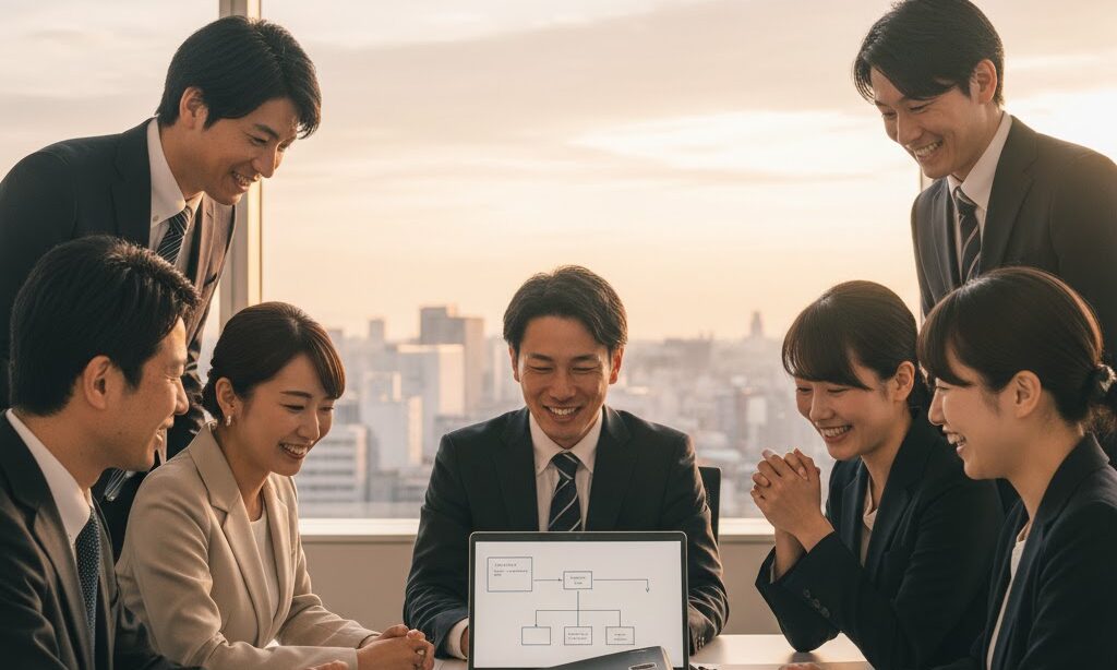 BCPの内容をまとめ、安心感を持つ日本人ビジネスチームの実写風シーン