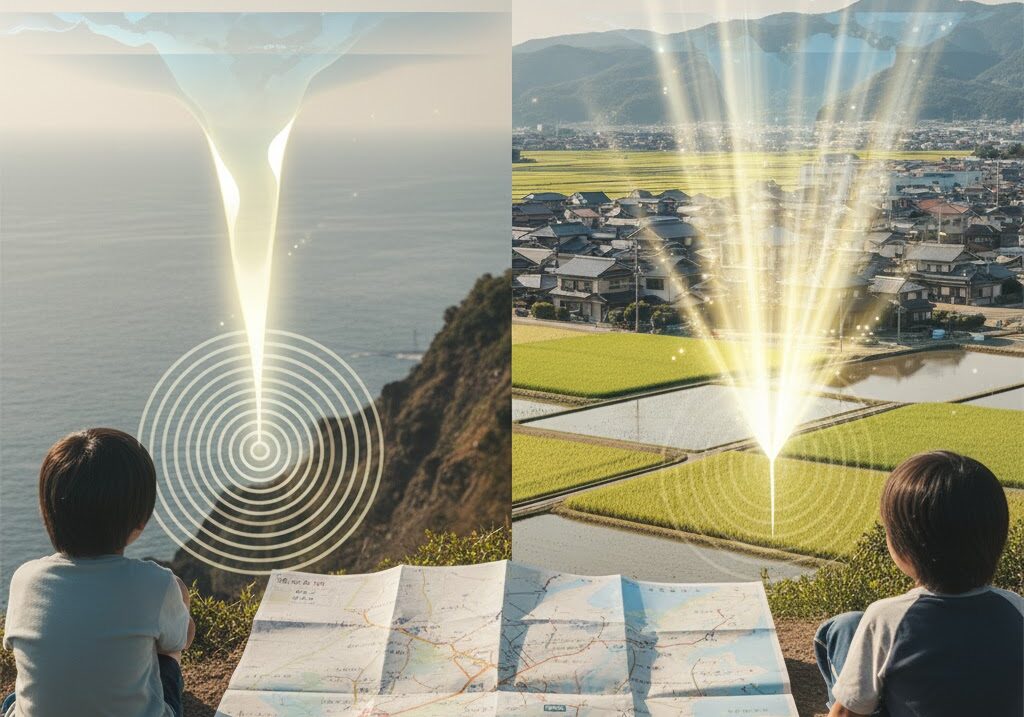 海溝型地震と内陸型地震の発生場所の違いを示す実写風イメージ｜プレート境界と活断層の比較画像