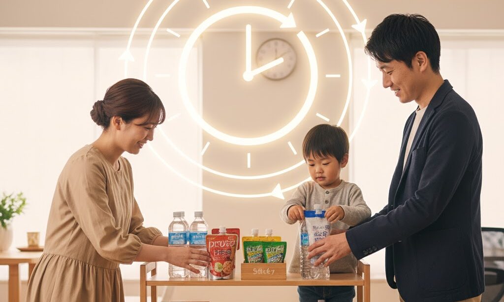 3日分の備蓄とローリングストックを実践する家族とビジネスパーソンの棚整理シーン