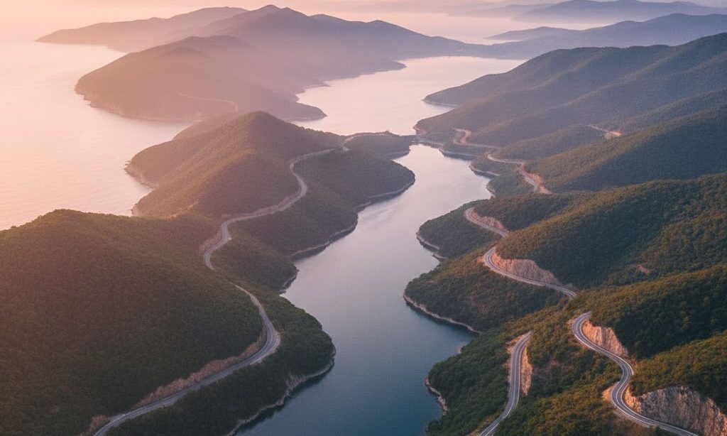 リアス海岸の欠点である陸路の迂回がわかる道路と海岸の写真