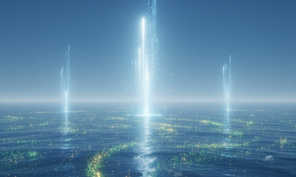 シアノバクテリアによる酸素生成をイメージした原始地球の海の風景