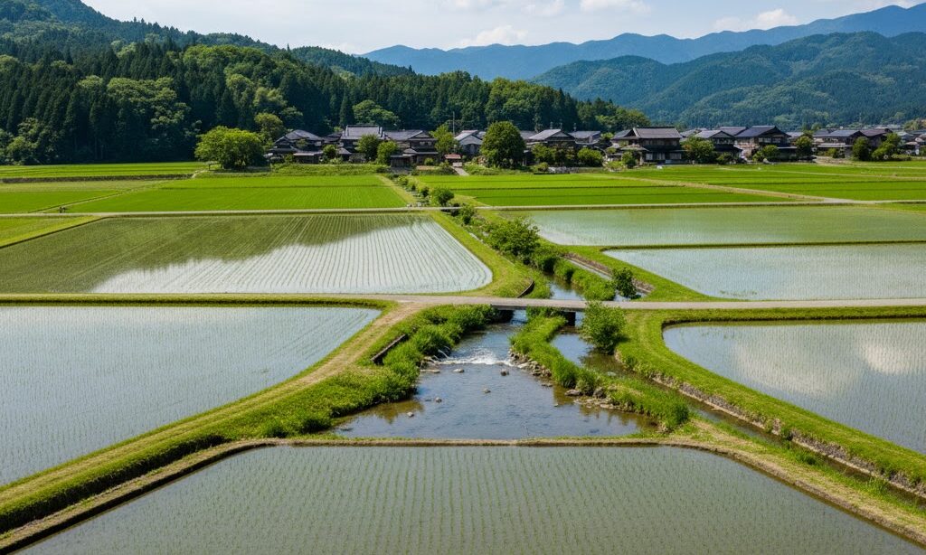 湧水を利用した扇端の水田と集落の様子がわかる扇状地土地利用画像