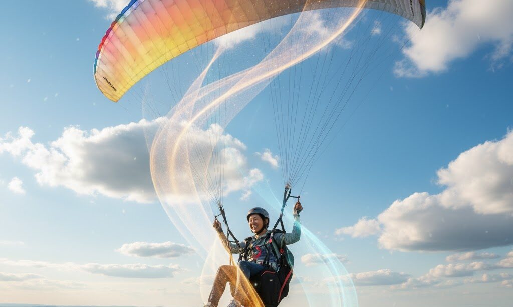 パラグライダーが上昇気流で飛ぶ仕組みを示す実写風イメージ