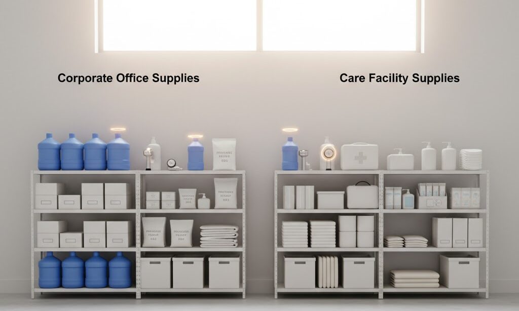 企業と介護施設のBCP備蓄品が整然と並んだ防災用品コーナーのイメージ