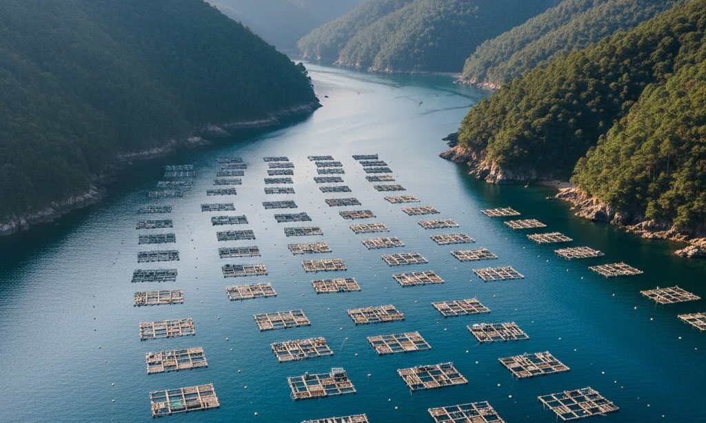 養殖が盛んなリアス海岸の湾内に並ぶ養殖施設の様子