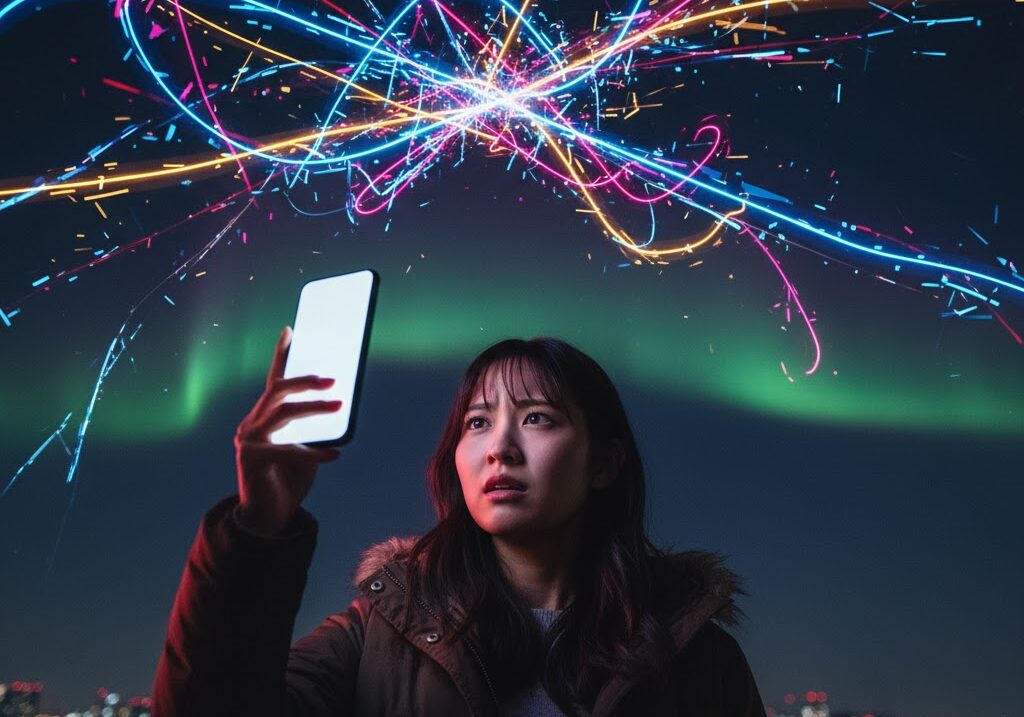 磁気嵐でGPS誤差や通信障害が起きる可能性を示す夜空の光