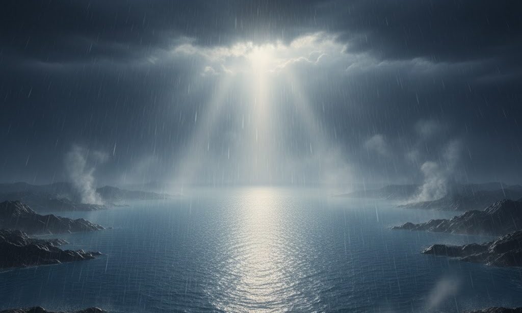 原始地球に降る雨と海の誕生をイメージした実写風ビジュアル