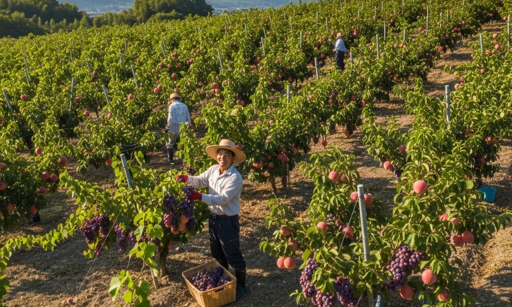 扇央部の水はけの良い斜面に広がる果樹園を写した扇状地土地利用画像