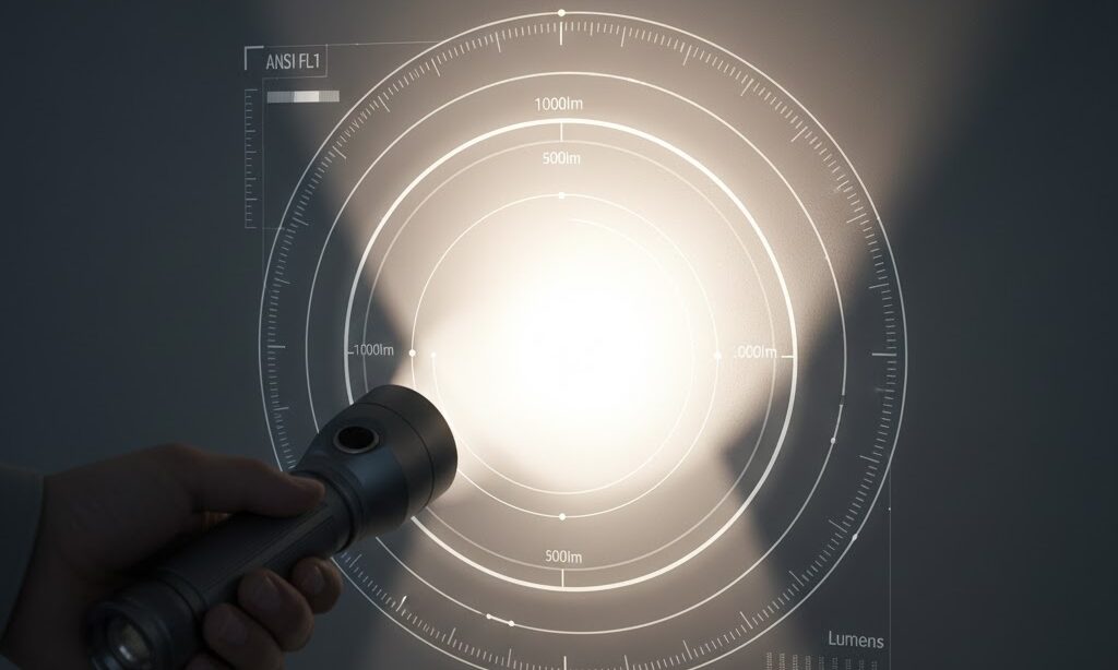 懐中電灯から広がる光の明るさを可視化したイメージ|ルーメン基準と照射距離の理解