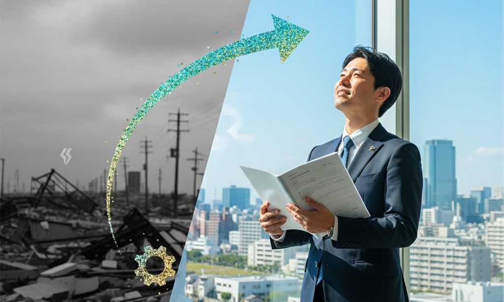 東日本大震災の教訓からBCPの重要性を学ぶ実写風イメージ写真