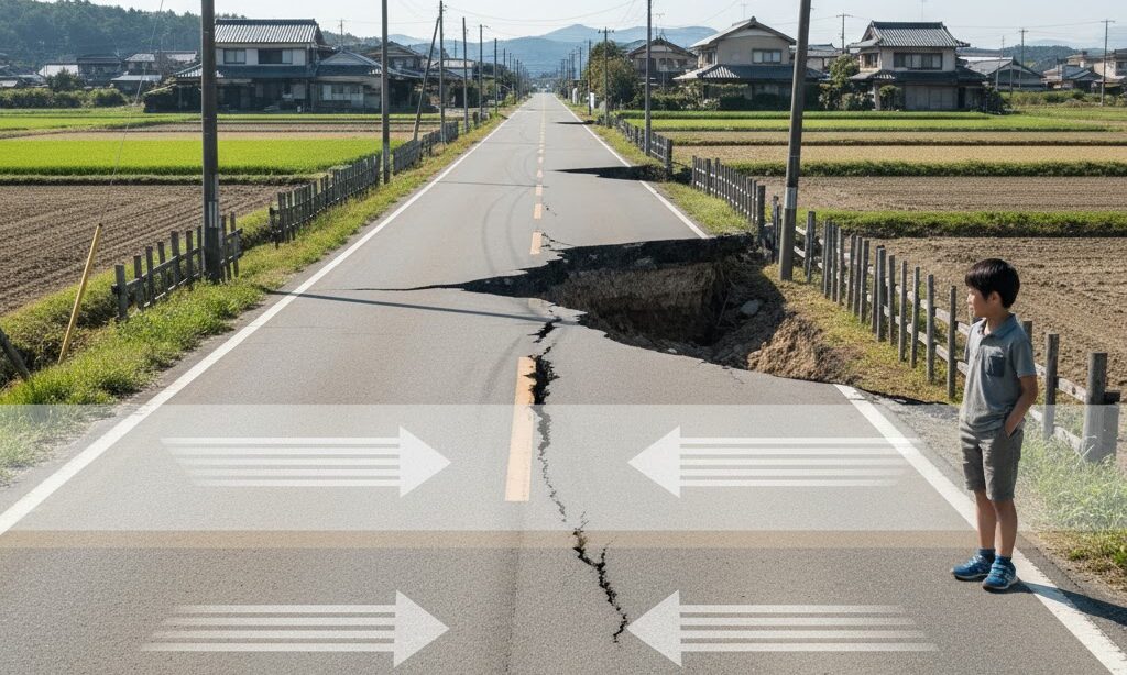 地面が左右にずれる横ずれ断層のイメージ写真｜水平変位で起きる横ずれ断層の説明用画像