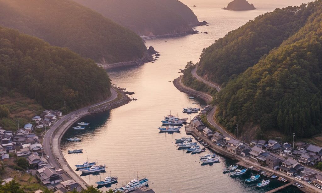 リアス海岸の でき方 と暮らしの関係を表す入り江と集落の風景