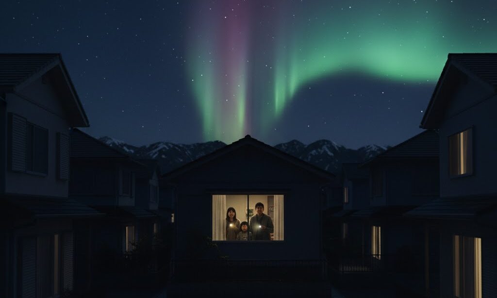 磁気嵐による停電リスクを連想させる暗い住宅街とオーロラ