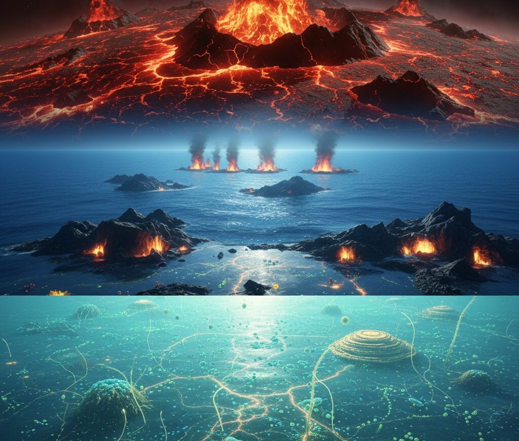 地球の進化と生命誕生までの軌跡を表現した実写風イメージ