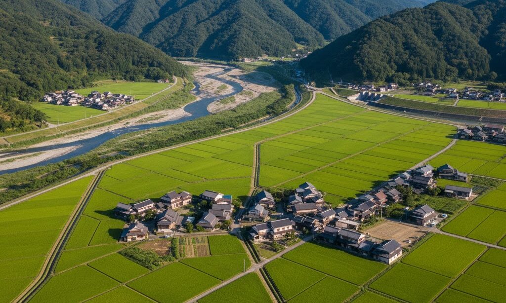 扇状地に広がる集落と農地から地形と暮らし防災を学べる実写風画像