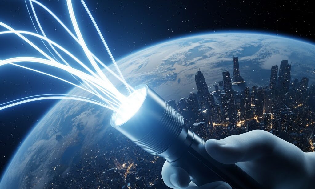 未来的な懐中電灯の光が夜空を照らす構図|光エネルギーと防災技術の進化を象徴