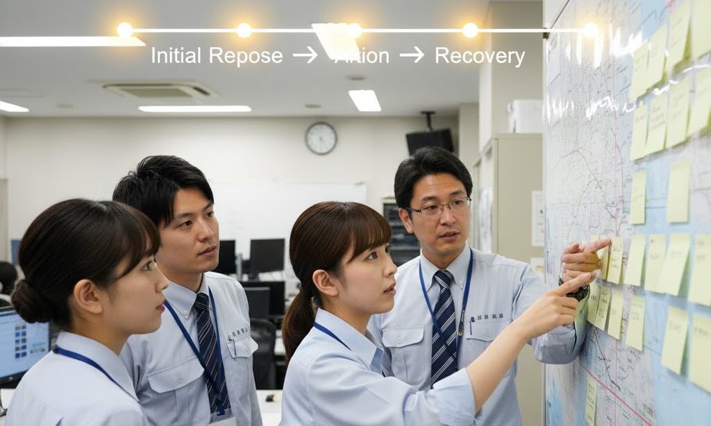 BCPの緊急時タイムラインを検討する対策本部スタッフの実写イメージ