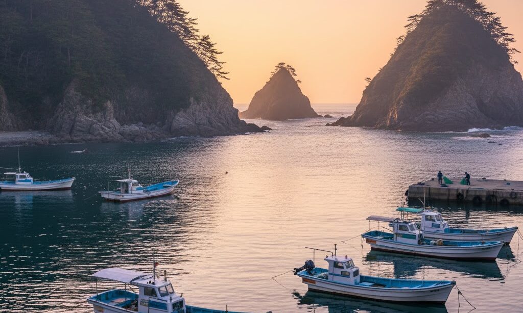 天然の良港になるリアス海岸の特徴を示す穏やかな湾の写真