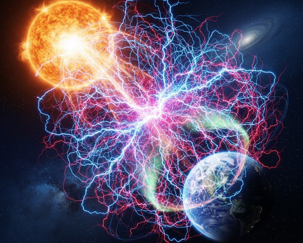 強い磁気嵐によるオーロラと地球の磁場の乱れを示す実写風