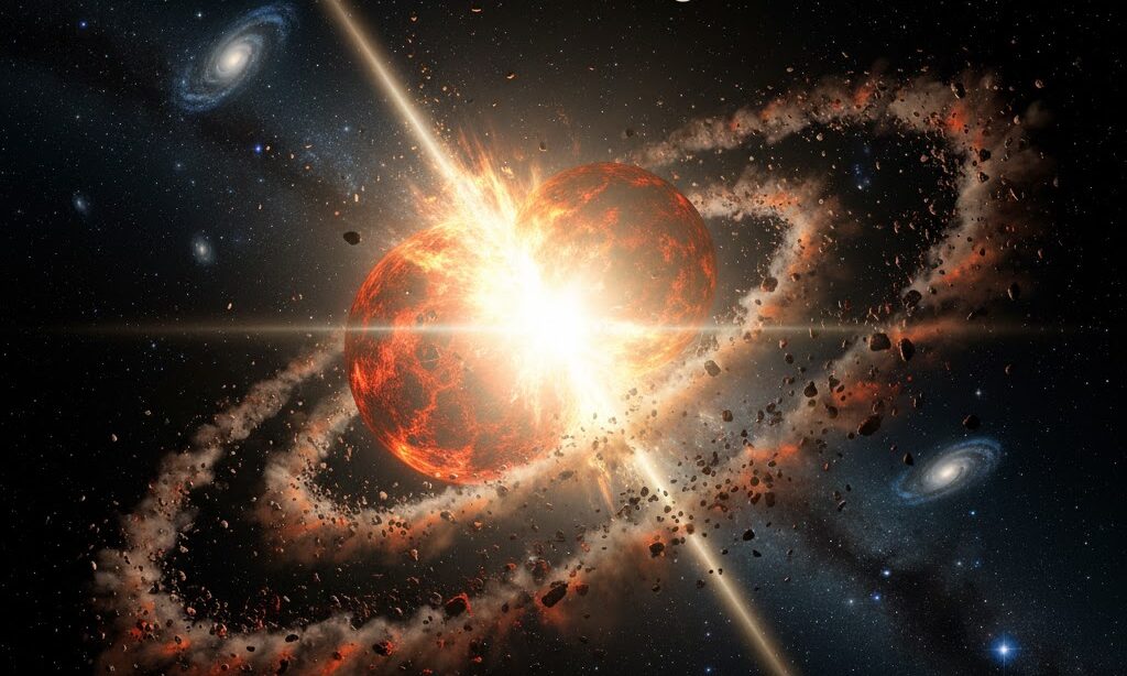 ジャイアントインパクトによる月の誕生を表す実写風宇宙イメージ