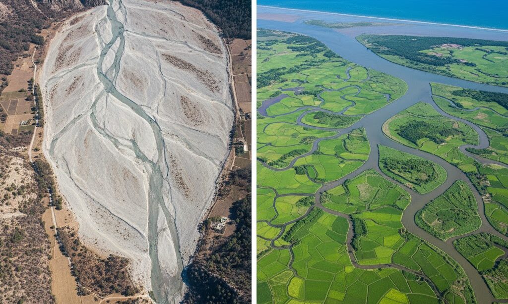 扇状地と三角州の場所と地形の違いを対比した実写風比較イメージ