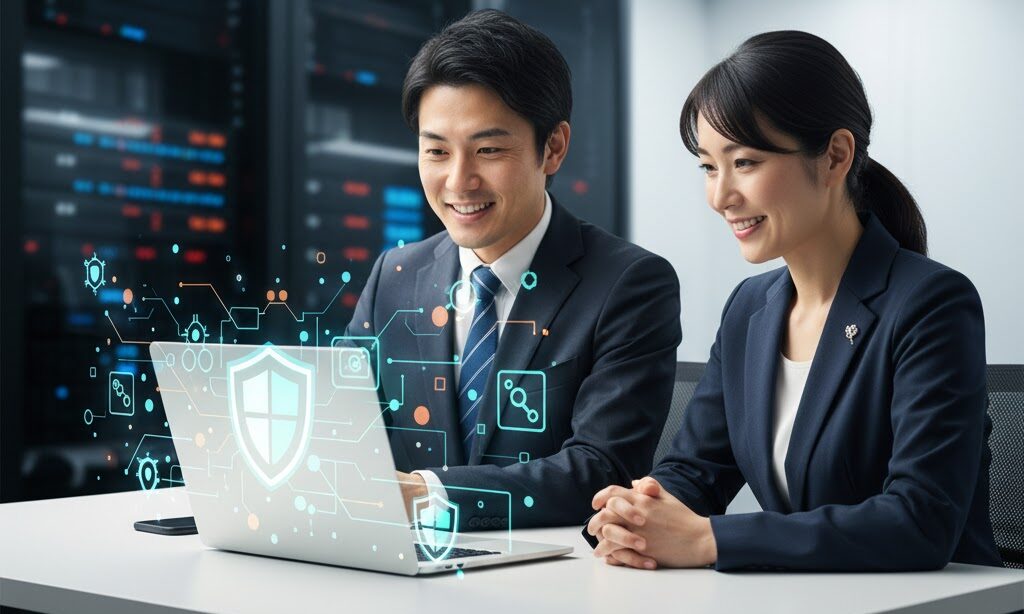 ランサムウェアなどサイバー攻撃に備えるIT-BCP対策の日本人担当者のイメージ