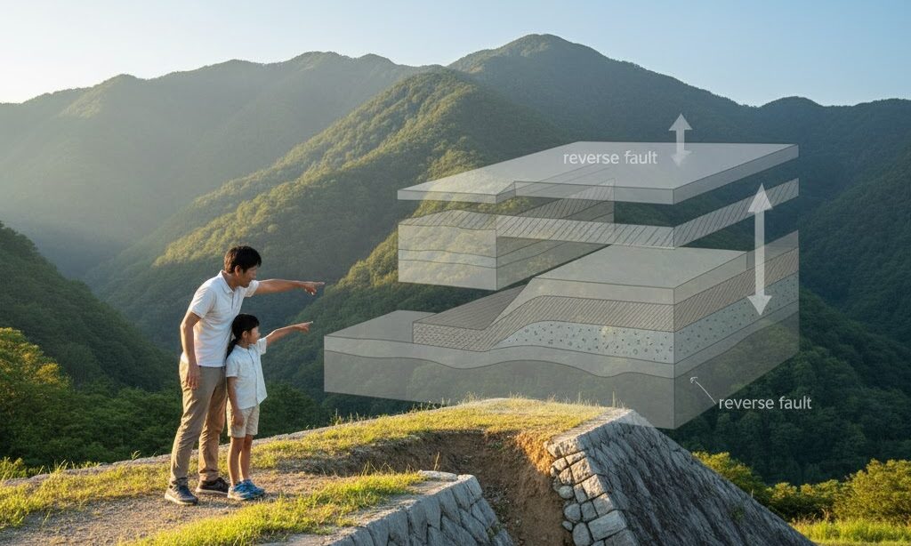 圧縮されて上盤が乗り上がる逆断層の実写風イメージ｜山地形成にも関わる逆断層の特徴説明画像