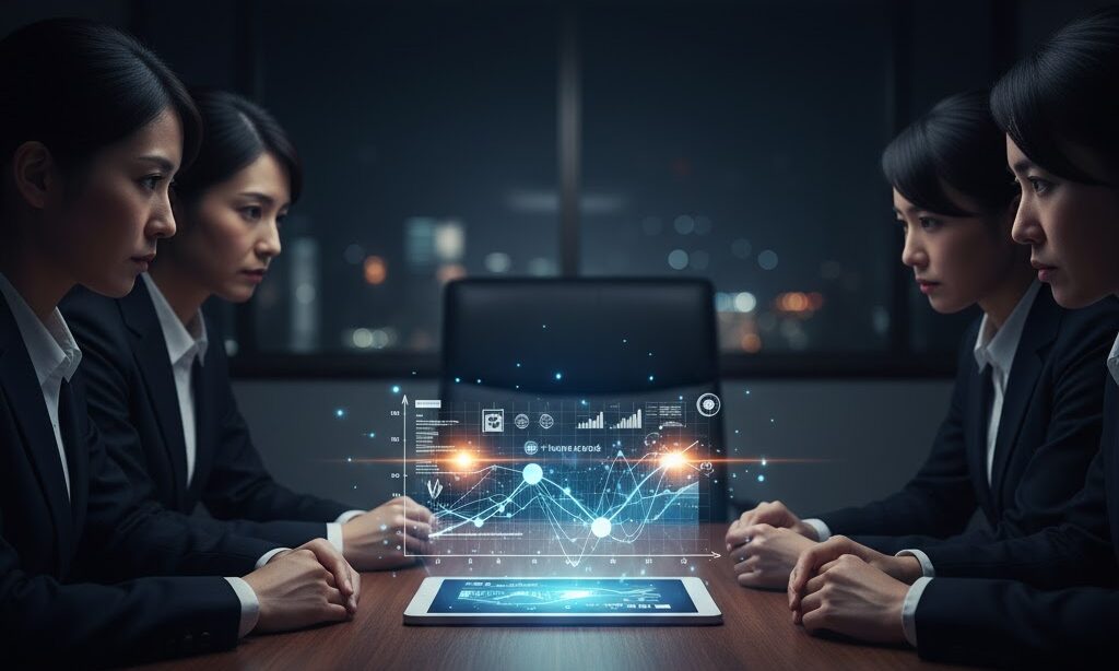 ビジネスインパクト分析（BIA）を行うビジネスパーソンとデータのホログラム表現