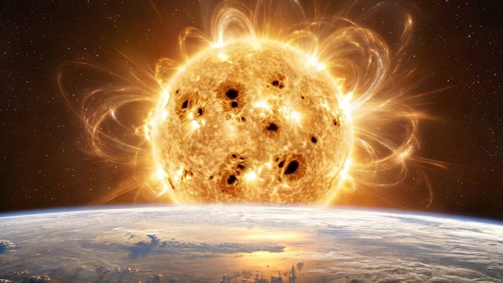 黒点が増え、活動が活発化した太陽を表現した実写風のイメージ画像