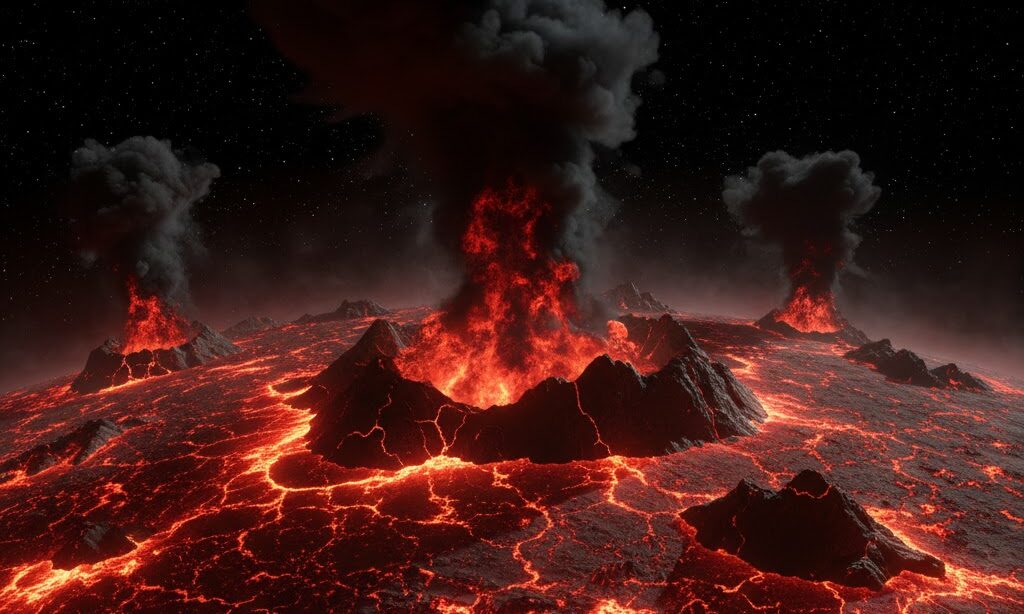 マグマオーシャンに覆われた誕生直後の地球の実写風イメージ