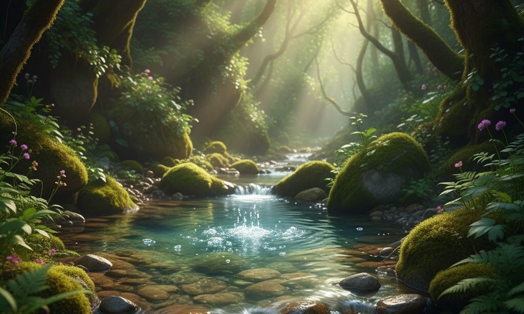 扇端で伏流水が湧き出す湧水帯と清らかな水源を表現した実写風画像