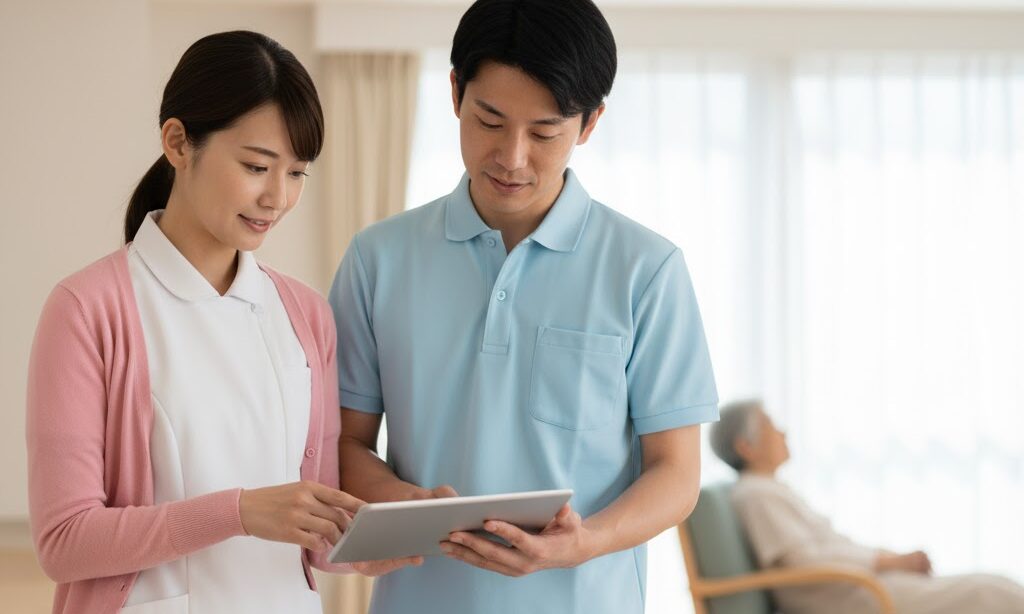 介護施設でBCP義務化に対応する日本人介護職員の打ち合わせシーン