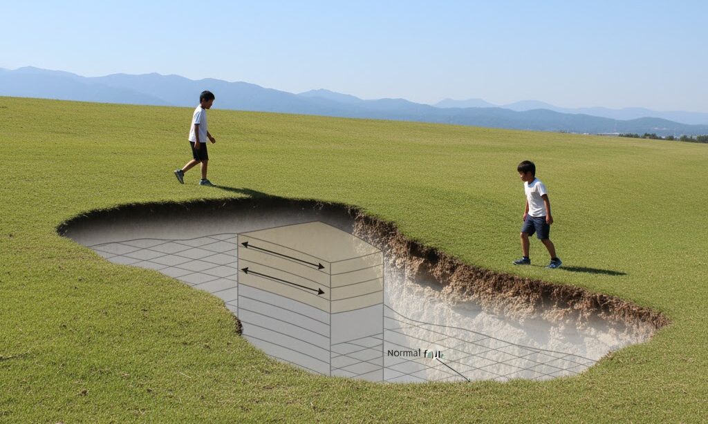 引っ張る力で上盤が下がる正断層のイメージ写真｜伸張場で形成される正断層の解説用画像