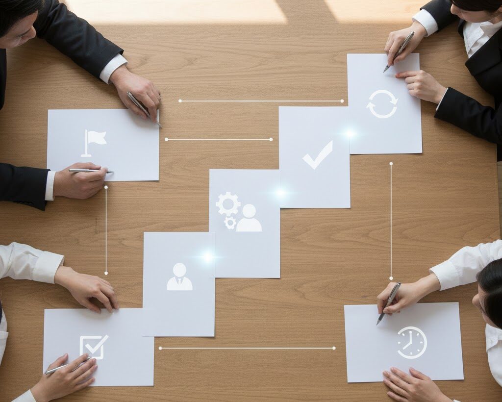 BCP策定の6ステップを象徴する資料と抽象アイコンが並ぶ俯瞰イメージ