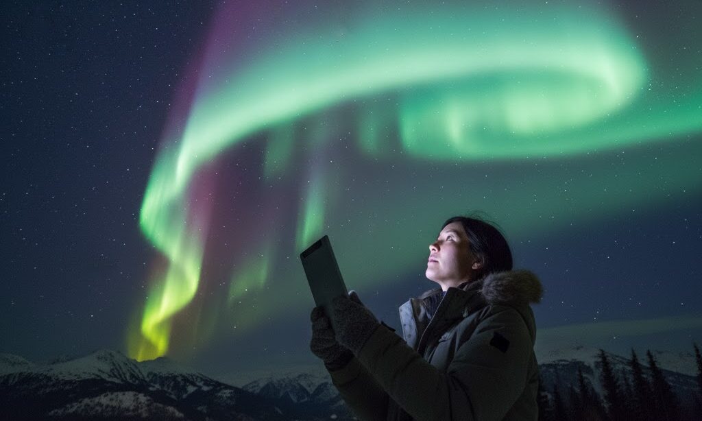 オーロラ予報をチェックする日本人観測者と夜空の光