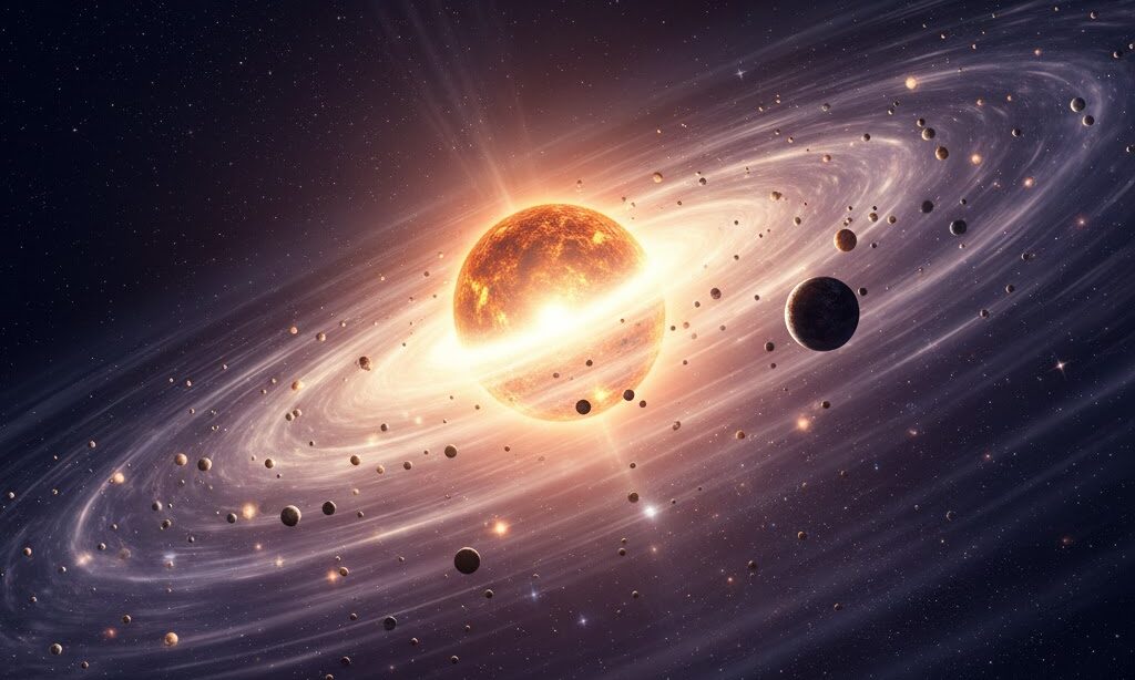 宇宙のチリが集まり惑星が形成される原始太陽系円盤のイメージ