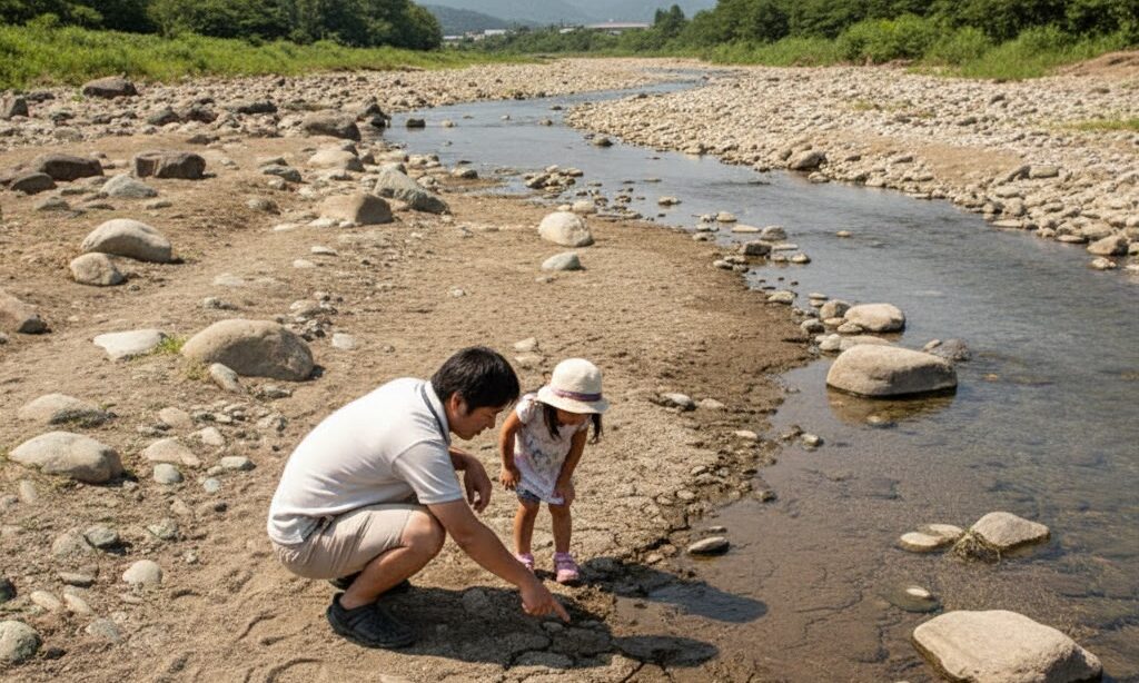 扇央部で水が地下にしみ込む水無川と伏流のしくみを示す実写風画像