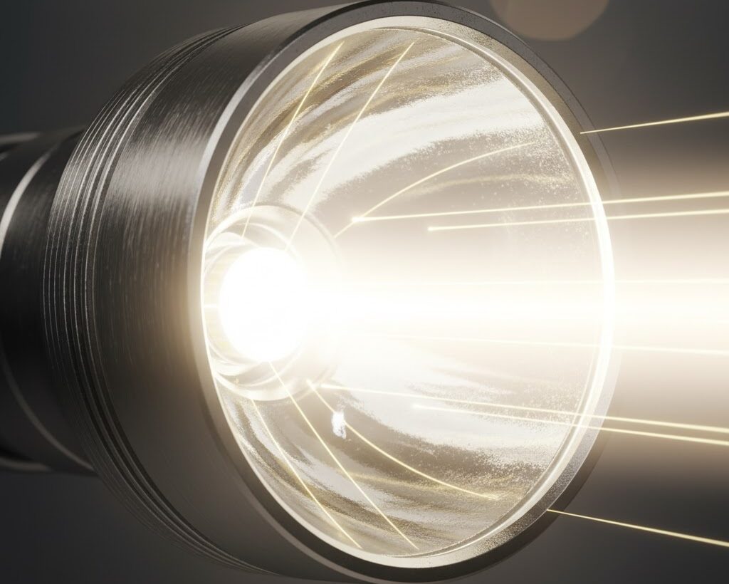 懐中電灯内部のリフレクターが光を反射して前方に照らす構図|光の反射のしくみ説明用