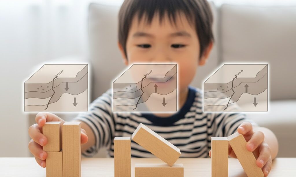 正断層・逆断層・横ずれ断層の違いがわかる実写風のイメージ画像｜断層の基本3種類の説明に使用