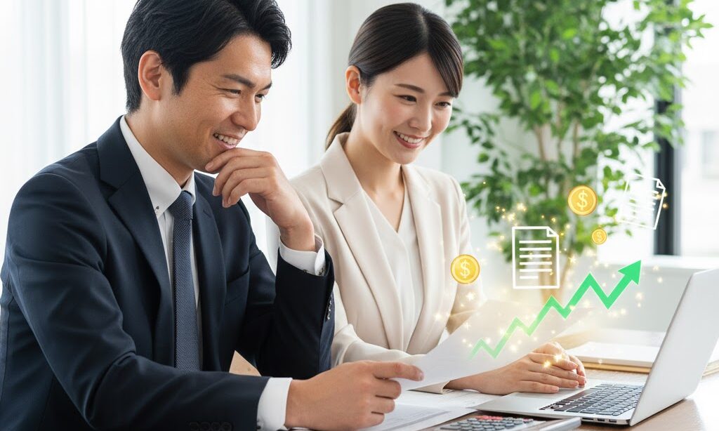 BCP対策のための補助金活用を検討する経営者と資料のイメージ