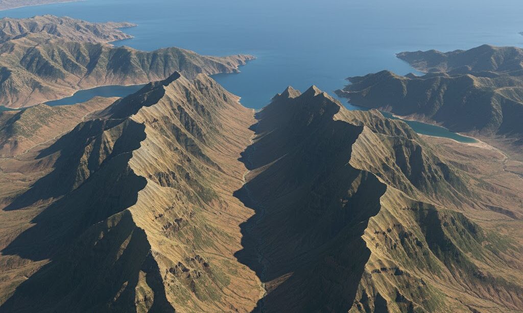 V字谷と沈水でリアス海岸ができる仕組みを示す地形イメージ