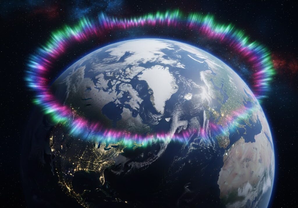 オーロラベルト付近で強く光るオーロラの俯瞰イメージ 実写風