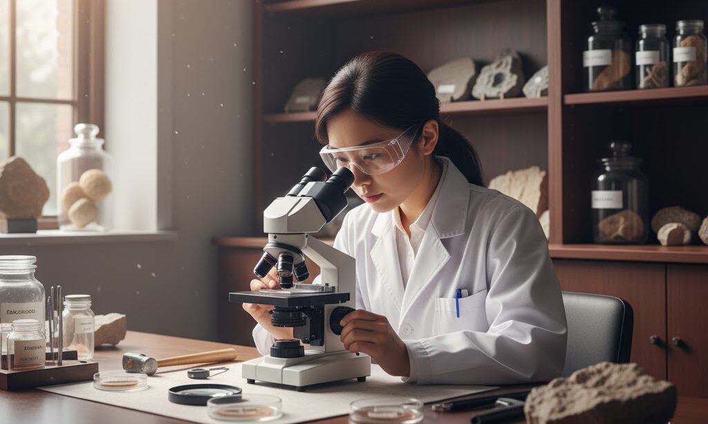 地球の年齢を調べる科学者と岩石サンプルの研究風景