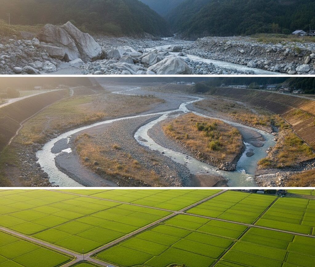 扇頂扇央扇端の違いと土砂の分級を説明する扇状地断面イメージ