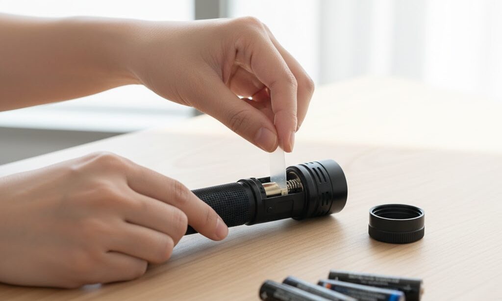 懐中電灯の電池に絶縁体を挟んで保管する手元の様子|液漏れ防止の防災準備