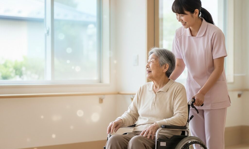 介護施設で高齢者を支える職員とBCP義務化の重要性を象徴する光のシルエット