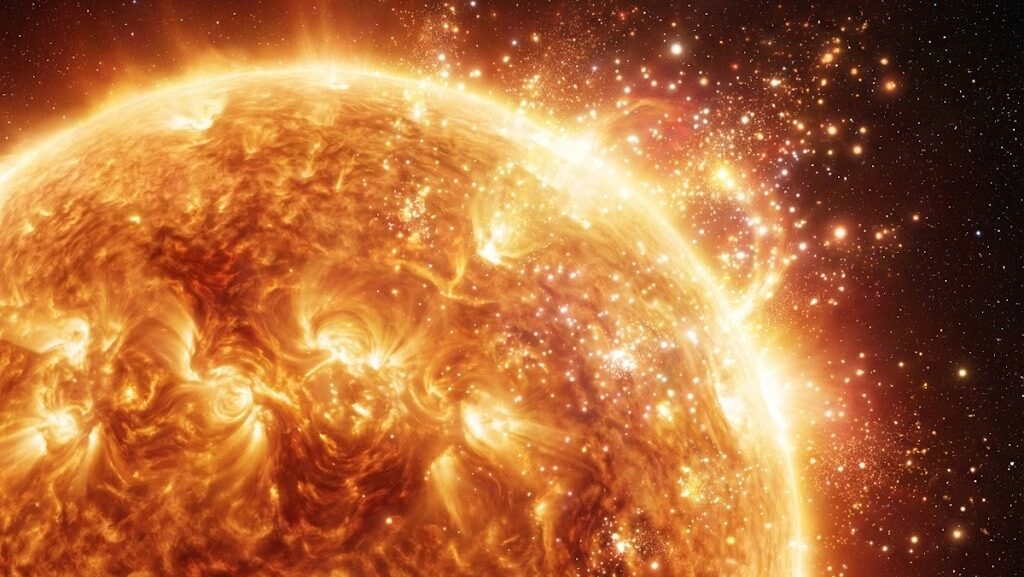 太陽表面で光が揺らめく様子を実写風に表現した、太陽フレアのイメージ画像