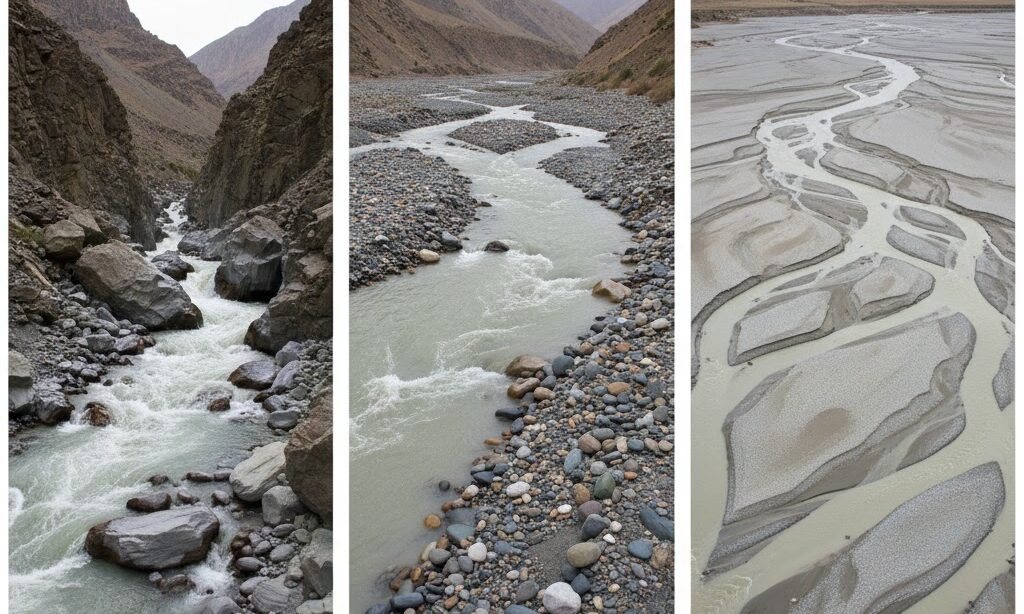 侵食運搬堆積で扇状地ができる仕組みを表現した実写風イメージ