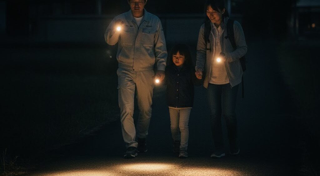 停電や災害時に懐中電灯で避難する日本人の様子|フェーズフリーな防災対策イメージ